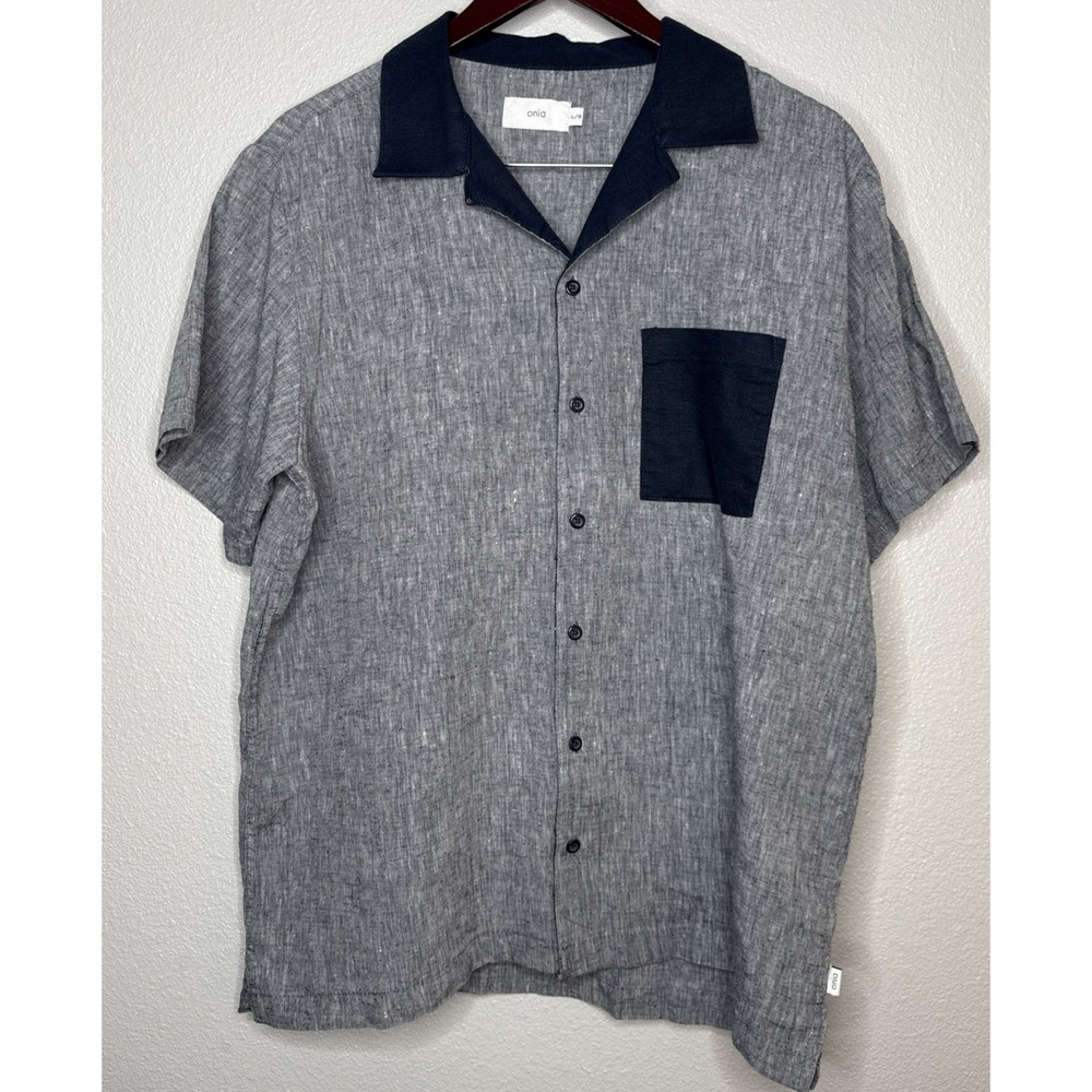 Onia Shirt Mens Large Navy Blue Linen Blend Short Sleeve Button Up Preppy Beach